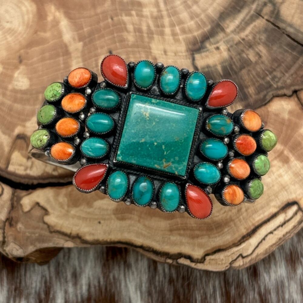 DON LUCAS Sterling Silver & Turquoise Coral Gaspeite Spiny Cluster Cuff Bracelet